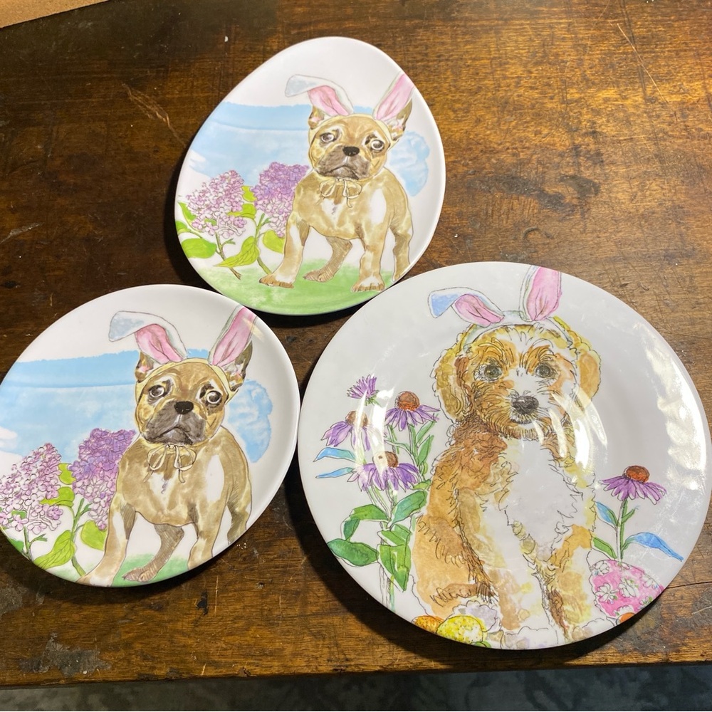 Prima Design 3 Melamine Small Plates French Bulldog Gold Dog Bunny Ears Easter